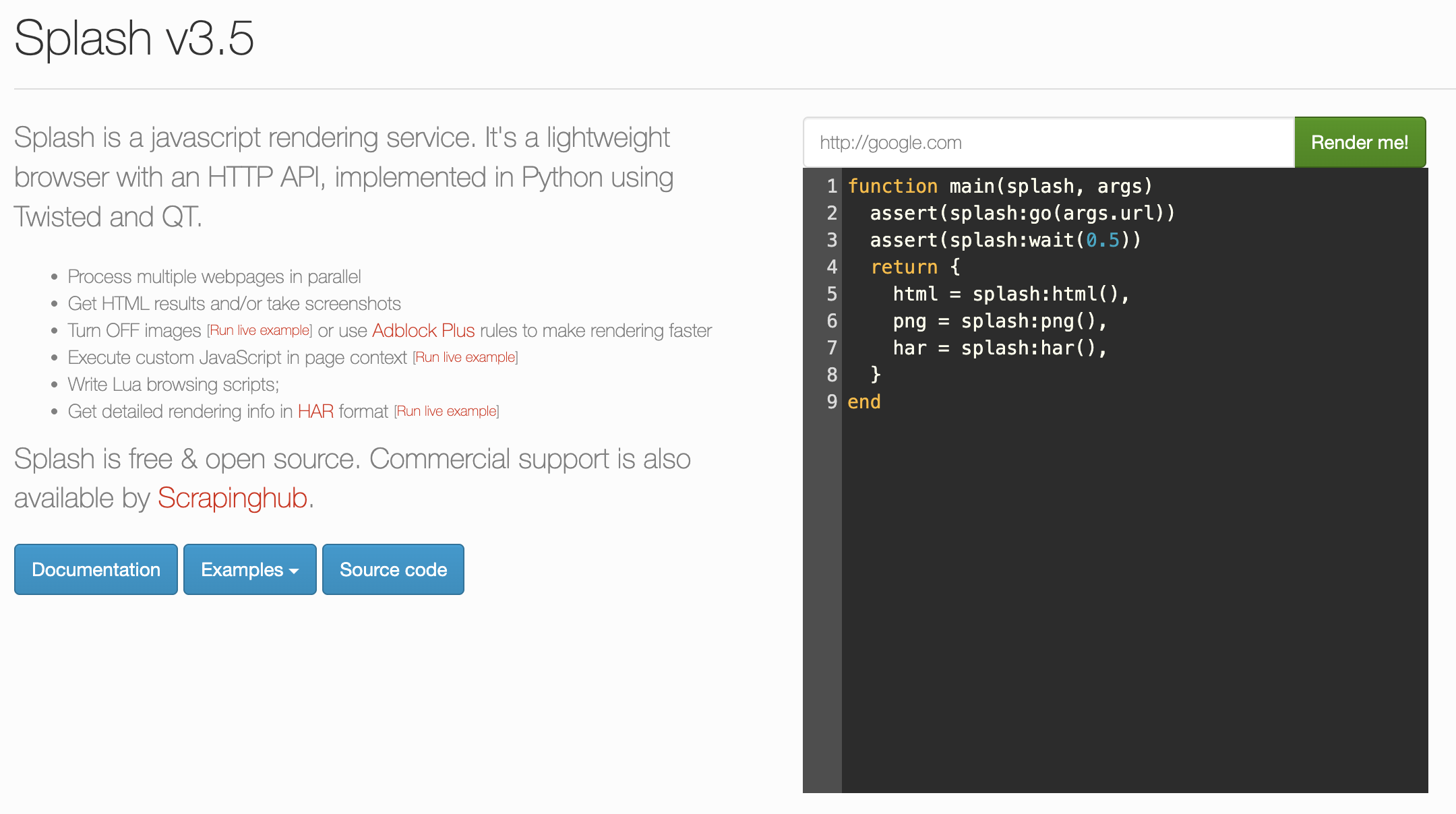 The Splash web UI on port 8050: a render form and a Lua script editor calling splash:go, splash:html, splash:png, and splash:har