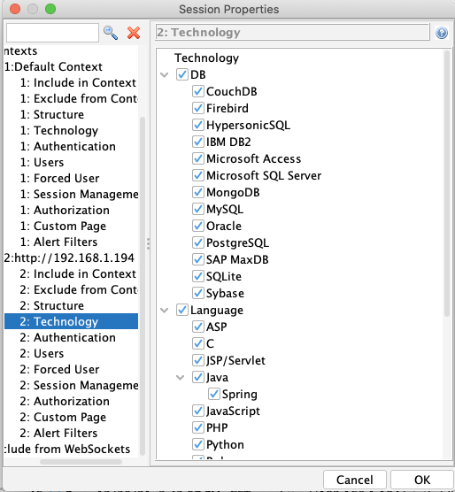 ZAP context configuration